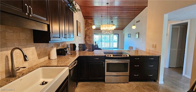 kitchen with appliances with stainless steel finishes, wood ceiling, sink, a chandelier, and hanging light fixtures