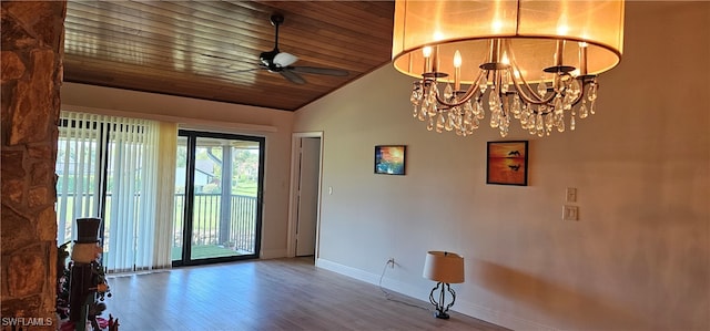 entryway featuring hardwood / wood-style floors, ceiling fan with notable chandelier, wood ceiling, and vaulted ceiling