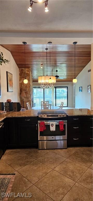 kitchen featuring an inviting chandelier, decorative light fixtures, stainless steel electric range oven, and wood ceiling