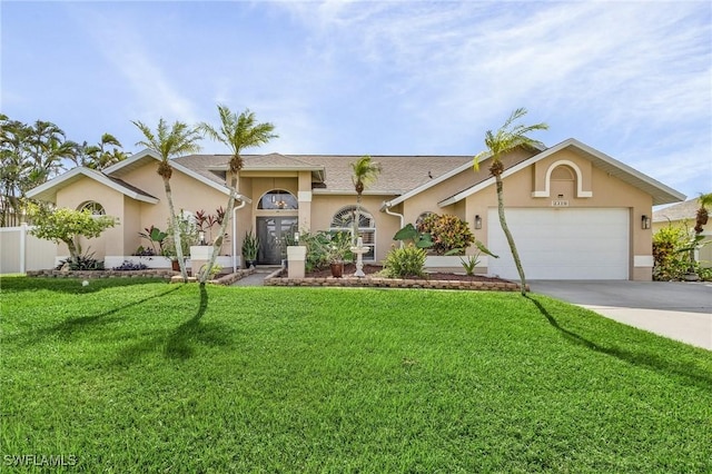 view of front facade featuring concrete driveway, a front lawn, an attached garage, and stucco siding