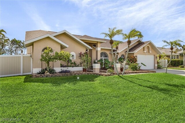 view of front of property featuring driveway, a front yard, a garage, and stucco siding