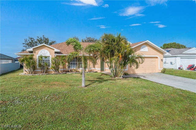 single story home featuring a garage and a front yard