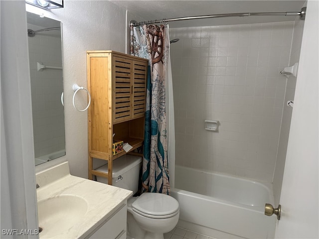 full bathroom featuring tile patterned flooring, vanity, toilet, and shower / bathtub combination with curtain