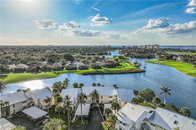 bird's eye view with a water view