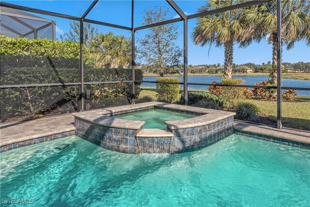 view of swimming pool featuring glass enclosure, an in ground hot tub, and a water view