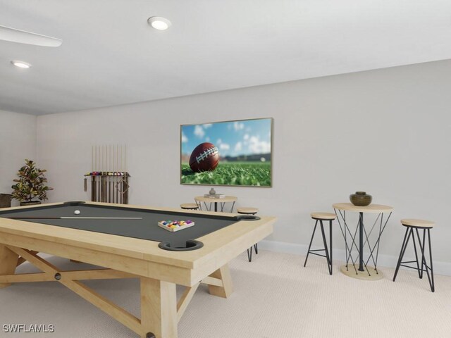 recreation room featuring pool table and light colored carpet