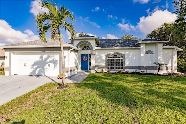 view of front facade with a front lawn and a garage