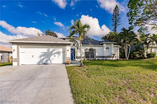 single story home featuring a garage and a front lawn