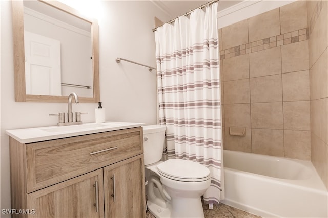 full bathroom featuring toilet, vanity, shower / tub combo with curtain, and ornamental molding