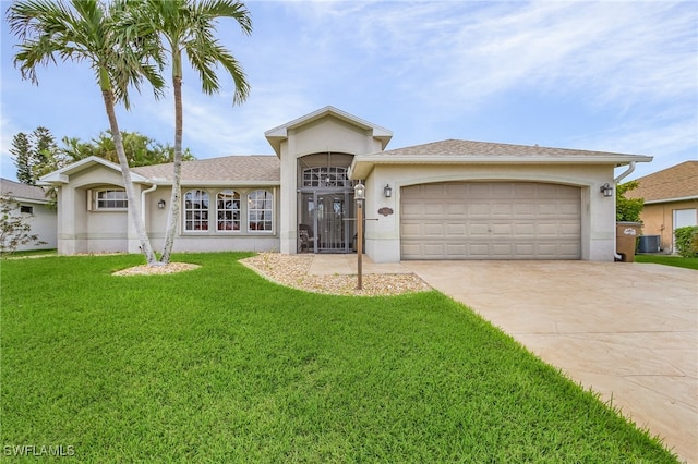 view of front of property with central AC, a front yard, and a garage