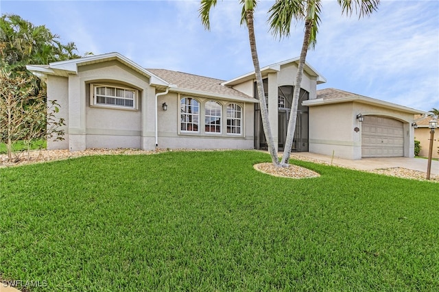 view of front of home featuring a garage and a front lawn