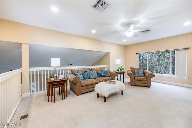 living area with light carpet, recessed lighting, visible vents, and a ceiling fan