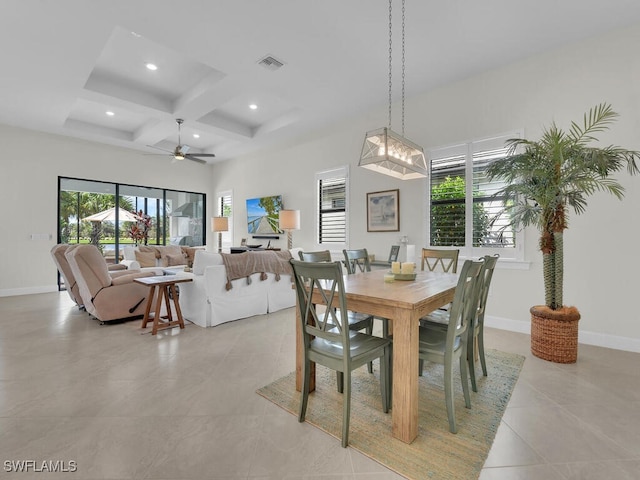 tiled dining area featuring beam ceiling, ceiling fan, and coffered ceiling