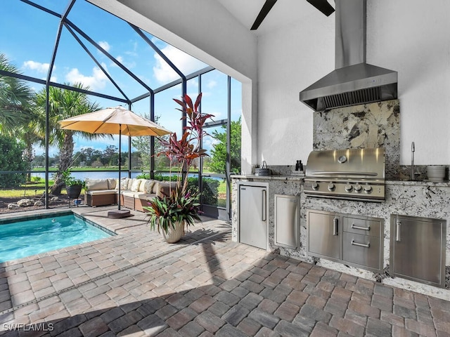 view of patio with a water view, an outdoor hangout area, area for grilling, glass enclosure, and a grill