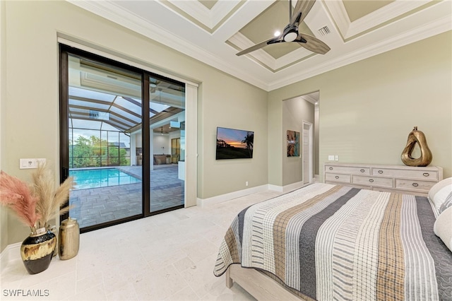 bedroom featuring access to outside, crown molding, light tile patterned floors, beamed ceiling, and ceiling fan