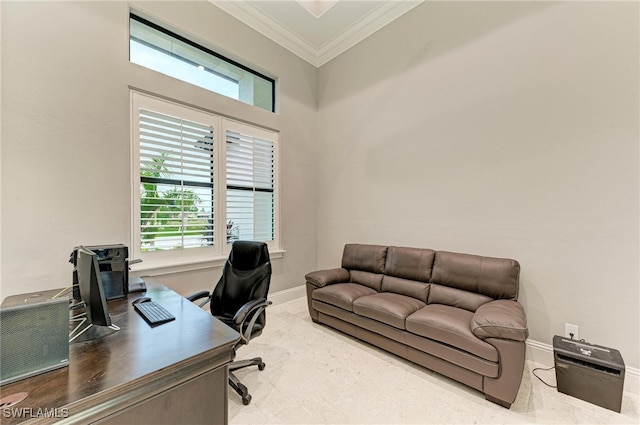 office area featuring crown molding