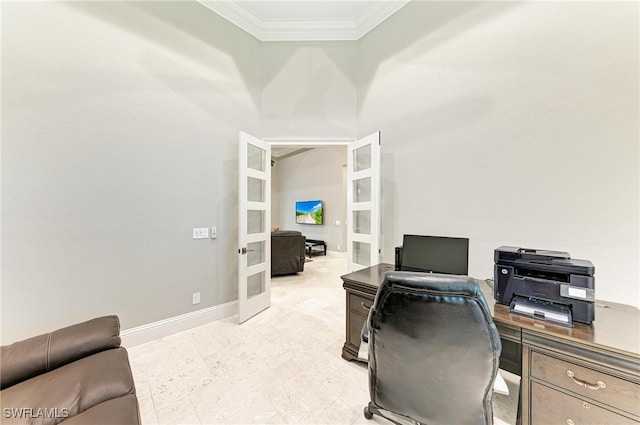 office with french doors and ornamental molding