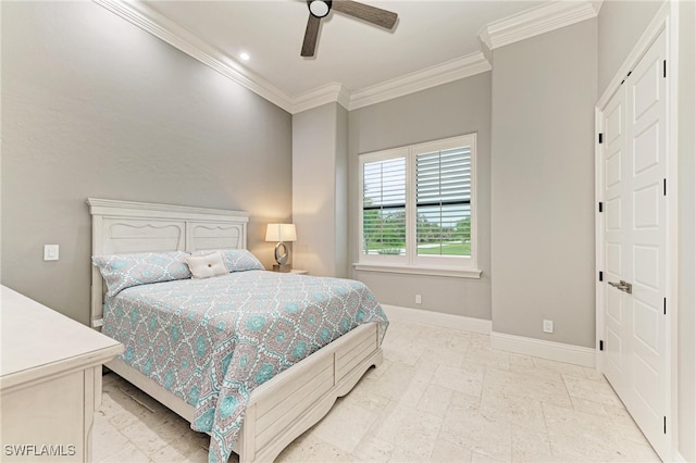 bedroom featuring ceiling fan and crown molding