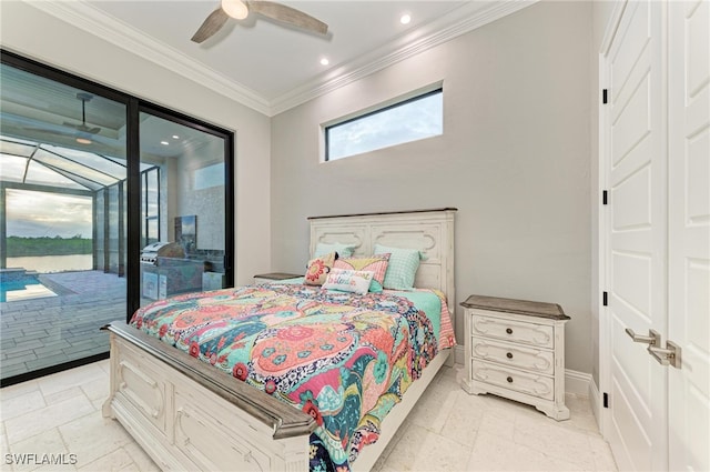 bedroom with ornamental molding, access to outside, and ceiling fan