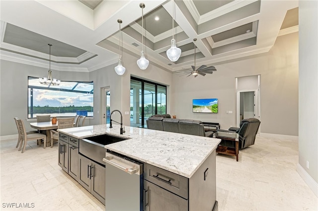 kitchen with ceiling fan with notable chandelier, dishwasher, coffered ceiling, light stone countertops, and decorative light fixtures