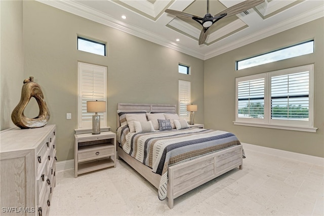 bedroom with multiple windows, ceiling fan, and coffered ceiling