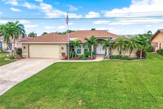 view of front facade with a front yard and a garage