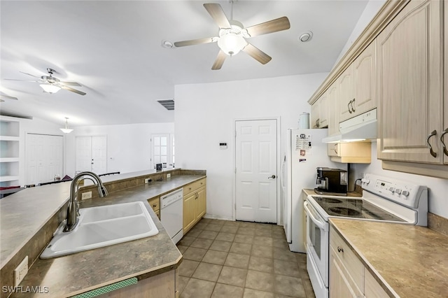 kitchen with light brown cabinets, white appliances, sink, vaulted ceiling, and light tile patterned floors