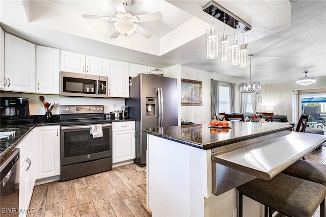 kitchen featuring stainless steel appliances, white cabinetry, a tray ceiling, and a center island