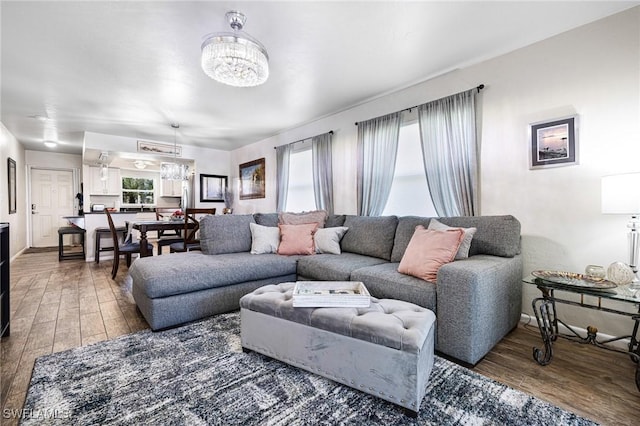 living room with hardwood / wood-style flooring and a chandelier