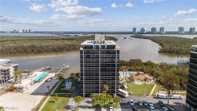 aerial view featuring a water view