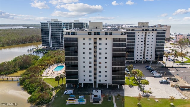 birds eye view of property featuring a water view