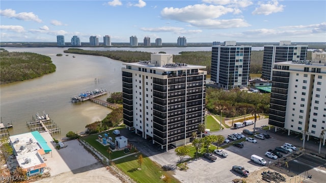 aerial view featuring a water view