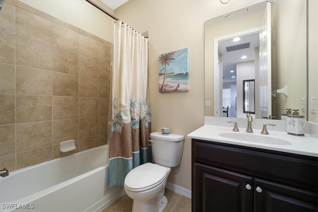 full bath with vanity, visible vents, tile patterned flooring, shower / bath combo with shower curtain, and toilet