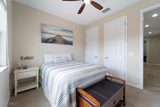 bedroom with visible vents, recessed lighting, carpet floors, baseboards, and ceiling fan