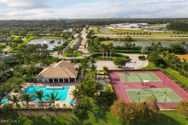 drone / aerial view with a water view