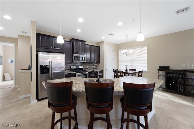 kitchen with appliances with stainless steel finishes, sink, a center island with sink, and decorative light fixtures