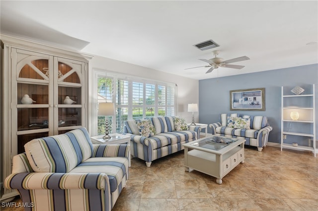 living room featuring ceiling fan