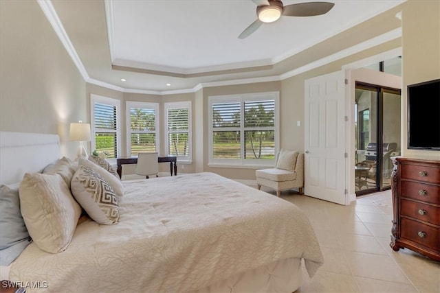 bedroom with access to outside, a raised ceiling, ceiling fan, ornamental molding, and light tile patterned flooring