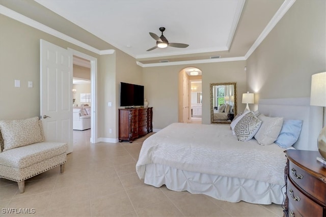 bedroom with ceiling fan, crown molding, and light tile patterned flooring