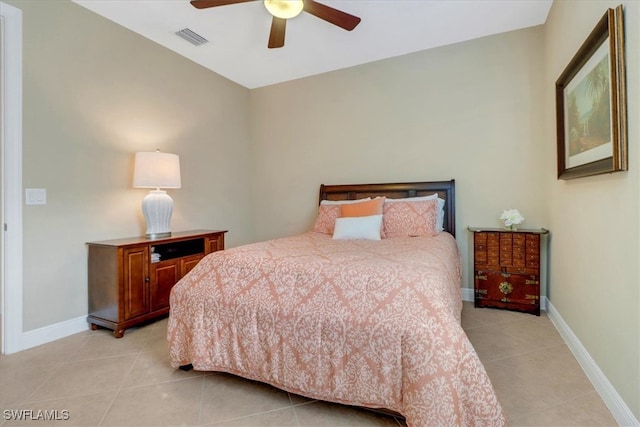 bedroom with light tile patterned floors and ceiling fan