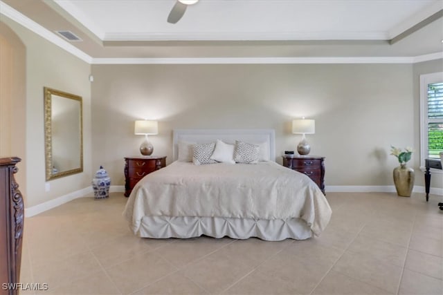 bedroom with ceiling fan, crown molding, and light tile patterned floors