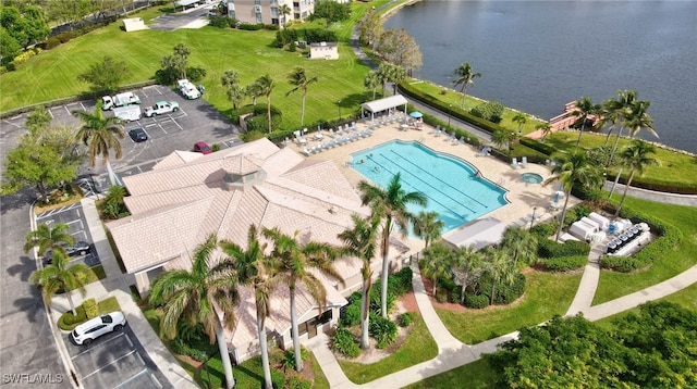 aerial view featuring a water view