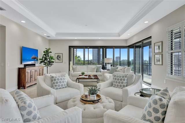 living room featuring ornamental molding and a raised ceiling