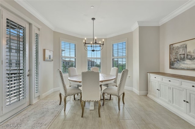 dining space with a notable chandelier and crown molding