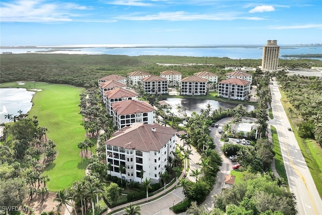 bird's eye view with a water view