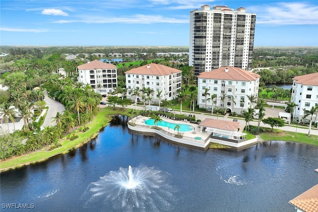 drone / aerial view with a water view