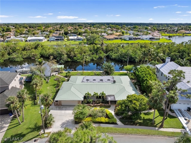 aerial view featuring a water view