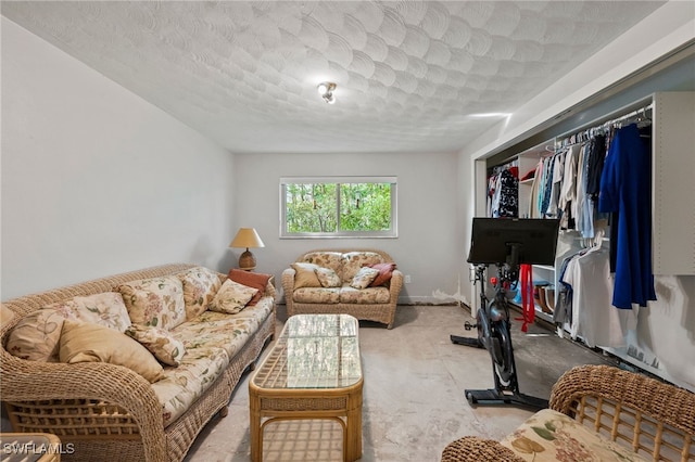 living room with a textured ceiling and light colored carpet