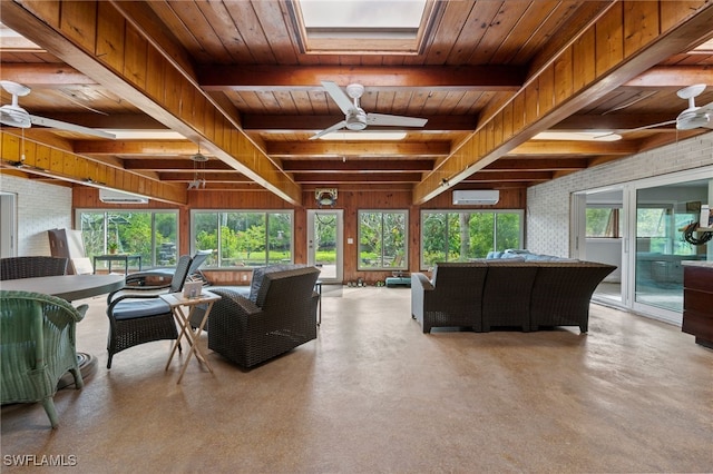 living room featuring plenty of natural light, an AC wall unit, wood ceiling, and a skylight