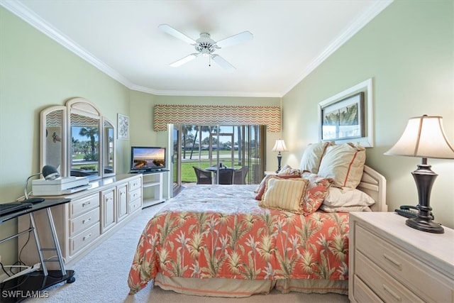 bedroom with crown molding, light colored carpet, multiple windows, and ceiling fan